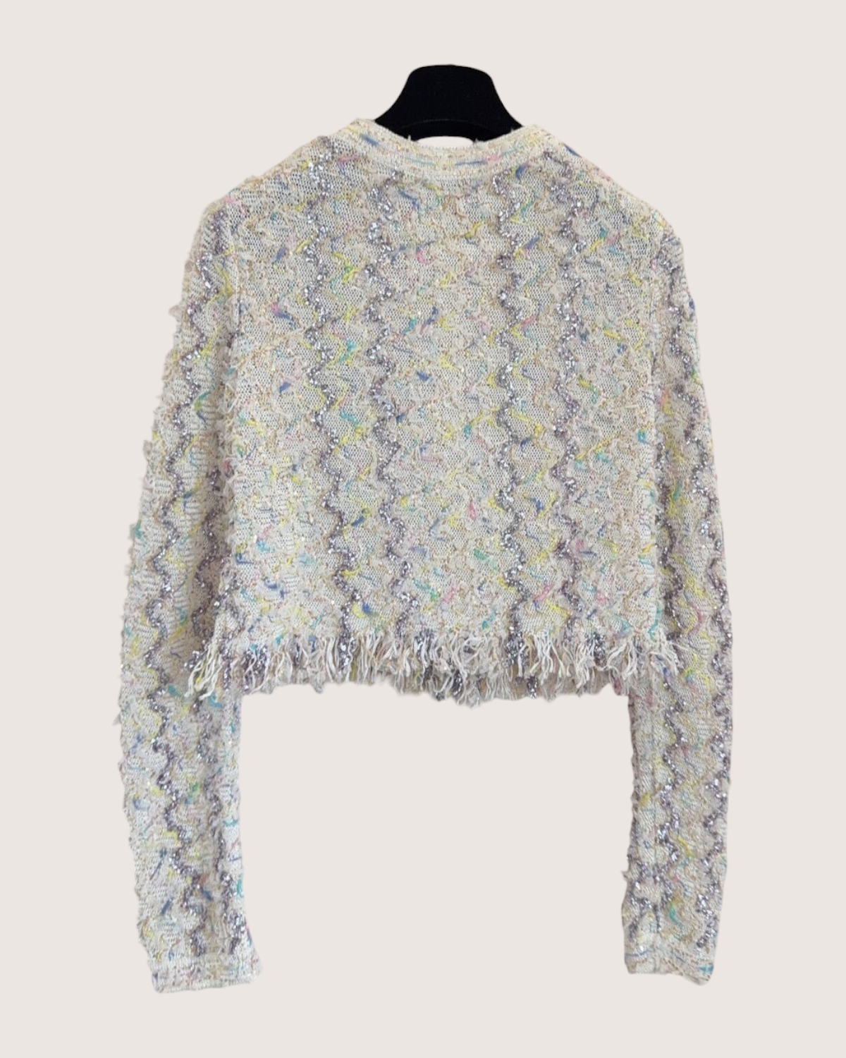 Chanel 22P Sequin Fringe Cropped Cardigan Beige/Ecru, Silver, Multicolor FR 34