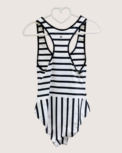 Chanel Striped One-Piece Swimsuit Black, White FR 34