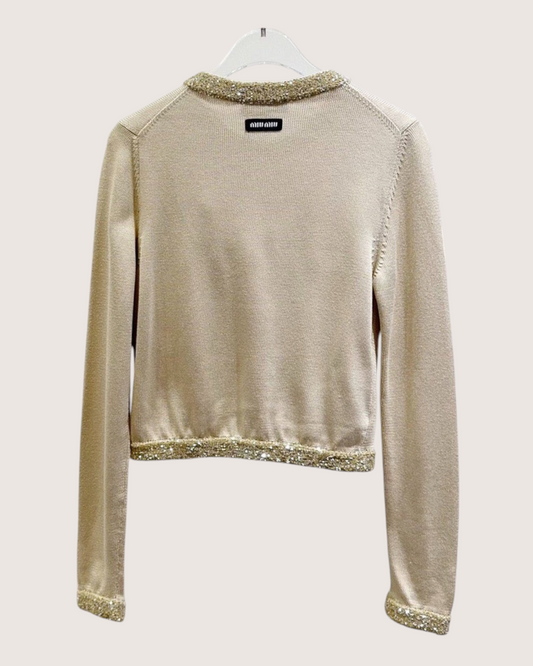 Miu Miu Sequin Four-Pocket Cardigan Beige/Ecru, Gold FR 36