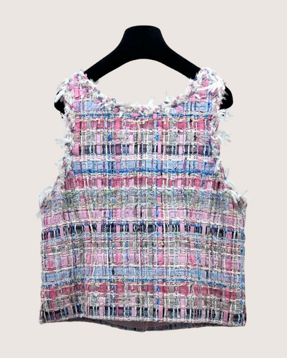 Chanel 25S Wool Fringe Tweed Vest Pink, Blue, Multicolor FR 40