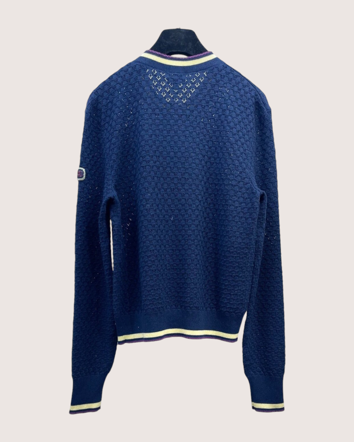 Chanel 26C Cashmere Openwork Cardigan Navy, Yellow, Purple FR 38
