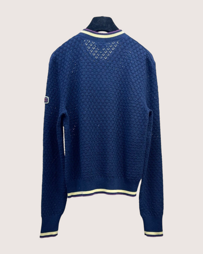 Chanel 26C Cashmere Openwork Cardigan Navy, Yellow, Purple FR 38