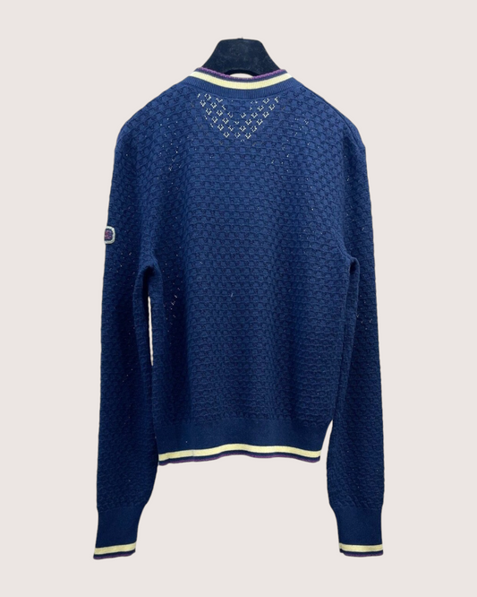 Chanel 26C Cashmere Openwork Cardigan Navy, Yellow, Purple FR 38