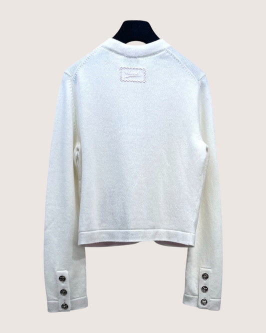 Chanel 25B Cashmere Embroidered Logo Cardigan Beige/Ecru, Gold FR 34