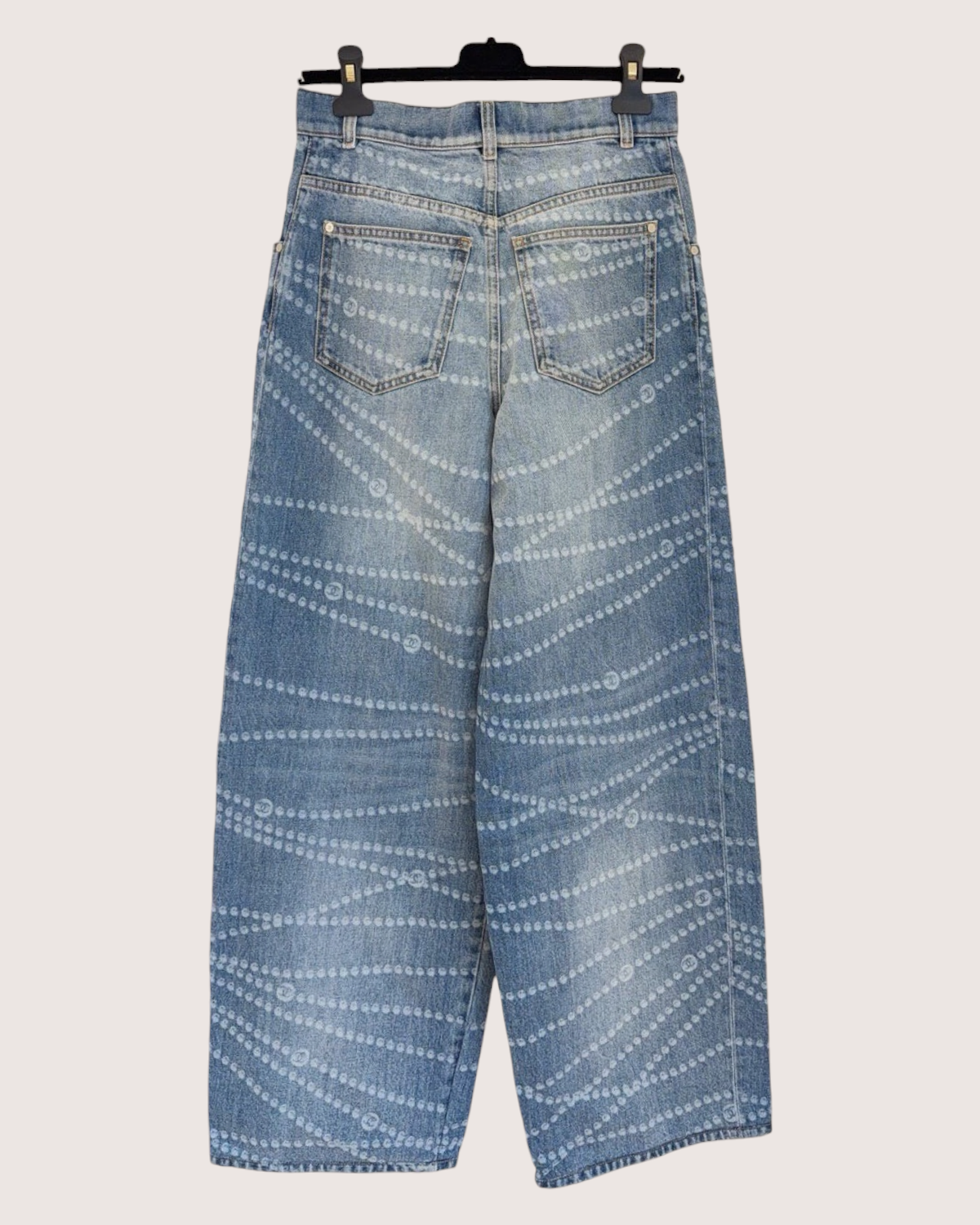 Chanel 25P CC Pearl-Print Wide-Leg Denim Jeans Blue, White FR 36