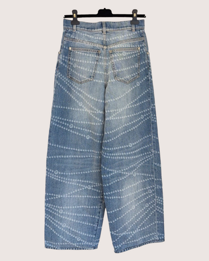 Chanel 25P CC Pearl-Print Wide-Leg Denim Jeans Blue, White FR 36