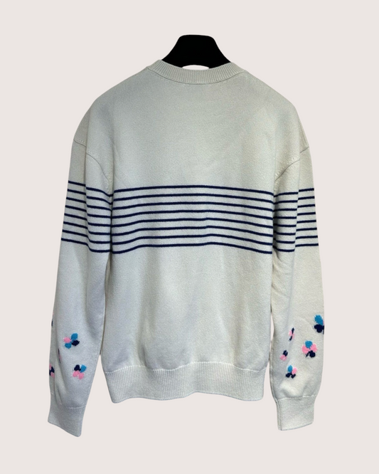 Chanel 24P Cashmere CC Floral Stripe Sweater Beige/Ecru, Navy, Multicolor FR 34