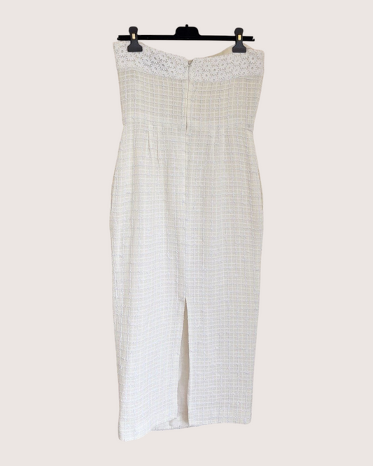 Chanel 21C Tweed Strapless Openwork Mid-Length Dress Beige/Ecru, White FR 40