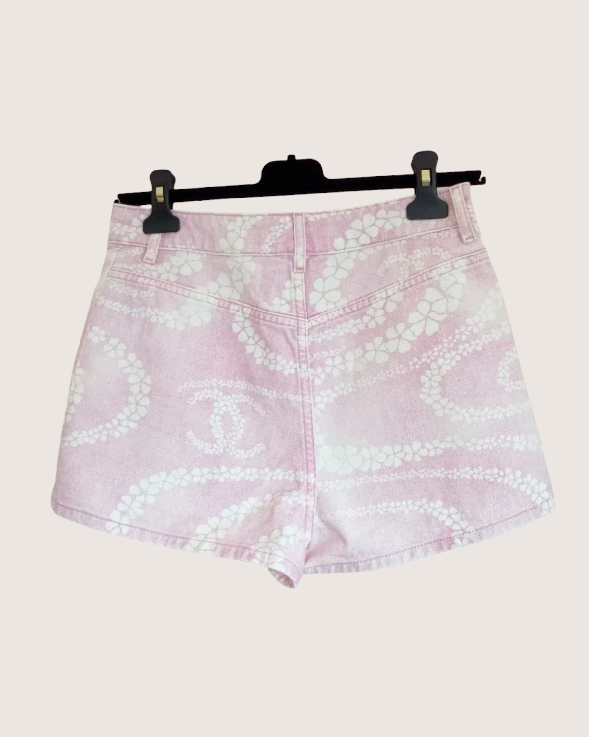 Chanel 25M Coco Beach Floral-Print Denim Shorts Pink, White FR 34