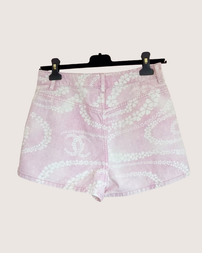 Chanel 25M Coco Beach Floral-Print Denim Shorts Pink, White FR 34