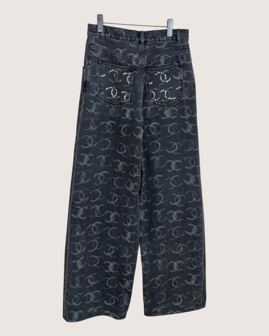 Chanel 23B CC Logo Wide-Leg Jeans - Grey, Black, view 2