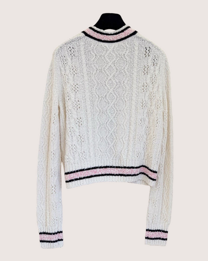 Chanel 24P Clover-Patch Openwork Cardigan White, Pink, Black FR 38