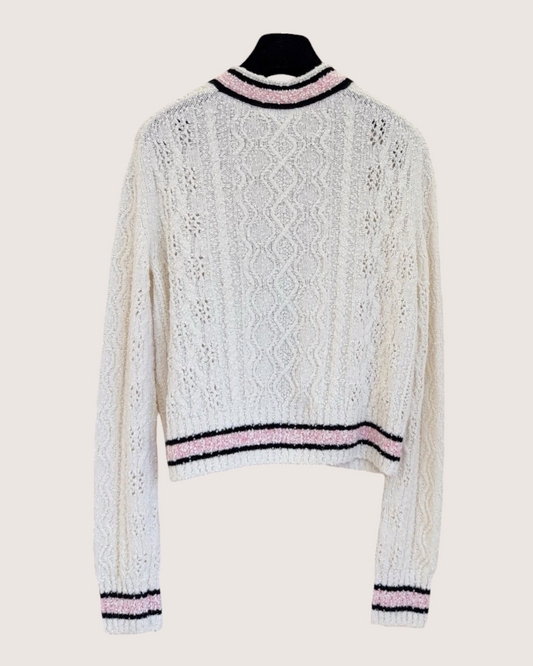 Chanel 24P Clover-Patch Openwork Cardigan White, Pink, Black FR 38
