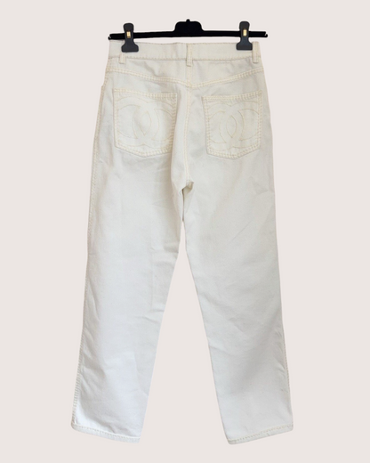 Chanel 24N Coco Neige CC Pocket Straight Denim Jeans Beige/Ecru FR 34