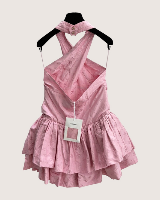 Chanel 26C Halter CC Jacquard Mini Dress Pink FR 38