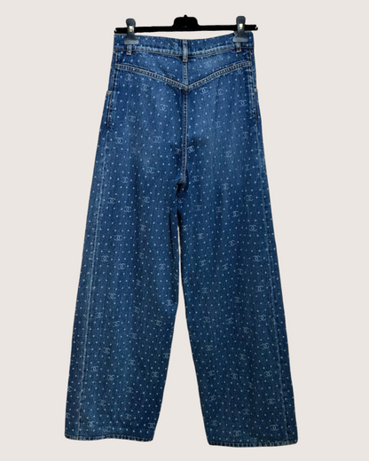 Chanel 23P CC Logo Wide-Leg Denim Jeans Blue, White FR 34