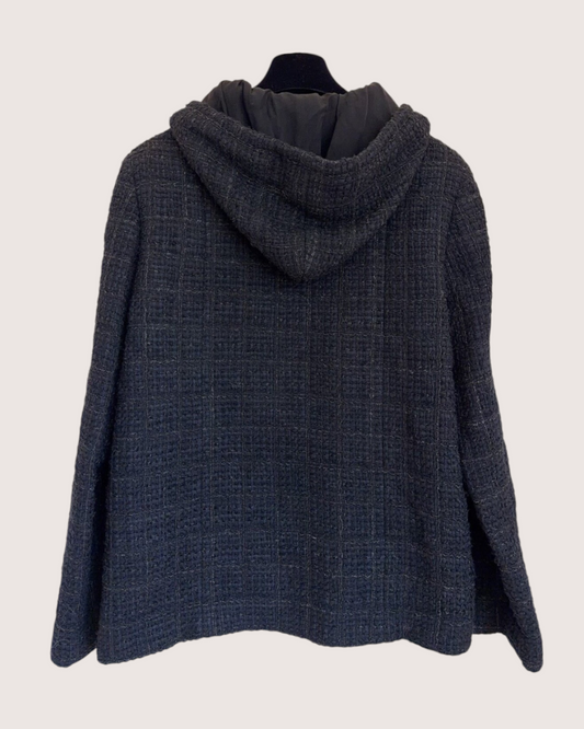 Chanel 25B Hooded Tweed Jacket Navy, Black FR 40