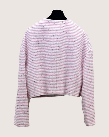 Chanel 24C Striped Tweed Crewneck Shimmer Jacket Pink, White FR 40