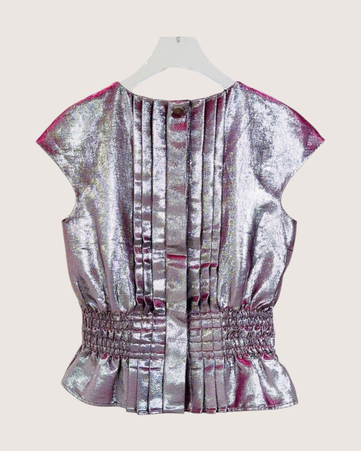 Chanel 14K Metallic Lamé Pleated Blouse Silver, Pink FR 36