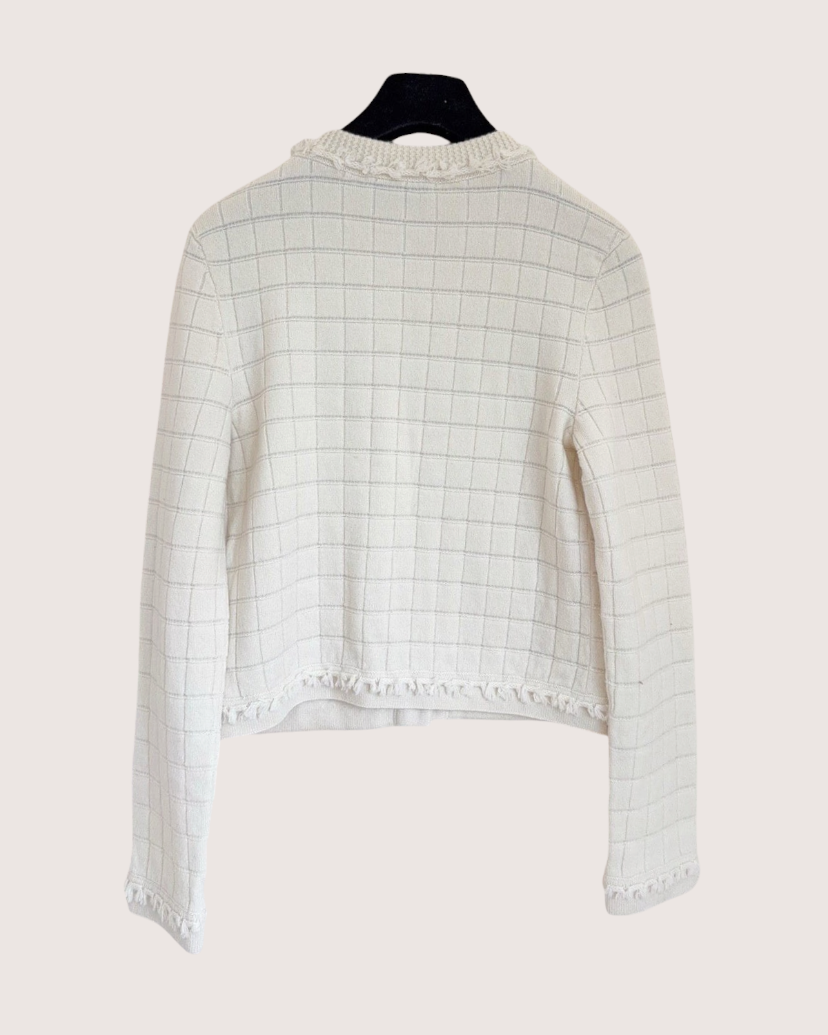 Chanel 26P Cashmere Plaid Fringe-Trim Cardigan Beige/Ecru FR 34