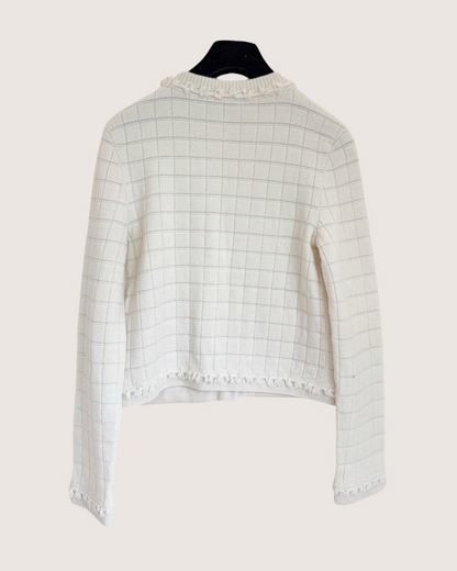 Chanel 26P Cashmere Plaid Fringe-Trim Cardigan Beige/Ecru FR 34
