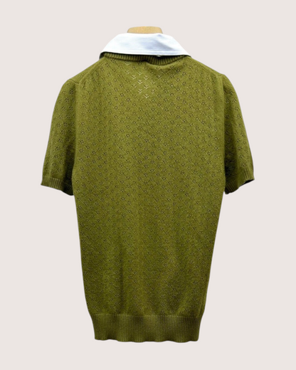 Miu Miu Collared Cashmere Short-Sleeve Sweater Green, White