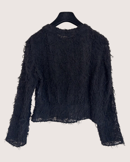 Chanel 22A Wool Cropped Fringed Lace Jacket Black FR 34