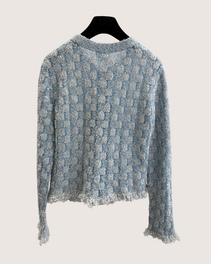 Chanel 26C Shimmer Bouclé Cardigan Blue, White, Silver FR 36