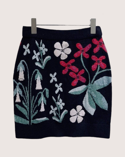 Chanel 21A Cashmere CC Floral Intarsia Mini Skirt Black, Pink, Green, Multicolor FR 36