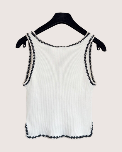 Chanel 22C Contrast-Trim Ribbed CC Tank Top White, Black FR 40