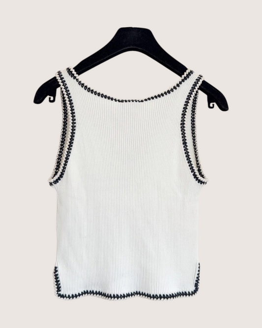 Chanel 22C Contrast-Trim Ribbed CC Tank Top White, Black FR 40