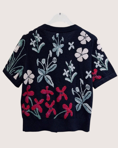 Chanel 21A Cashmere CC Floral Short-Sleeve Cardigan Black, Pink, Red, Multicolor FR 38