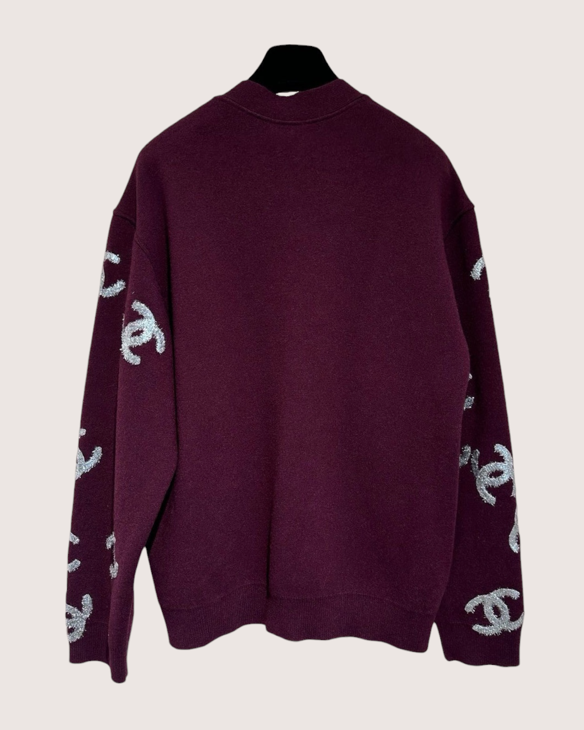 Chanel 22A Cashmere CC Sequin Cardigan Burgundy, Silver FR 34