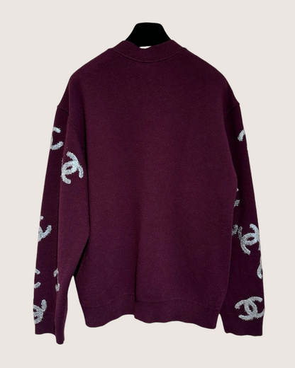 Chanel 22A Cashmere CC Sequin Cardigan Burgundy, Silver FR 34