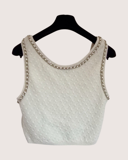 Chanel 23B Cashmere Chain-Trim Cropped Top Beige/Ecru, Gold FR 38