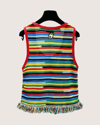 Chanel 26M Coco Beach Striped Fringe Crochet Tank Top Blue, Red, Green, Multicolor FR 36