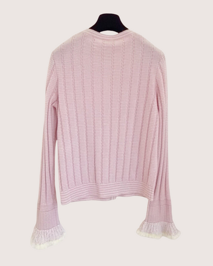 Chanel 25B Cashmere Cable Feather-Trim Cardigan Pink, White, Beige/Ecru FR 40