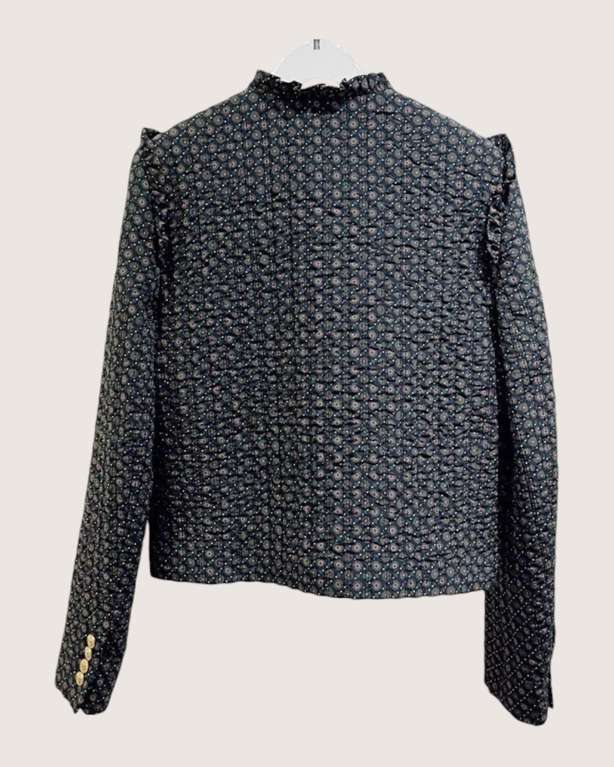 Celine Ruffle-Trim Geometric-Print Cropped Jacket Navy, Green, Multicolor FR 36