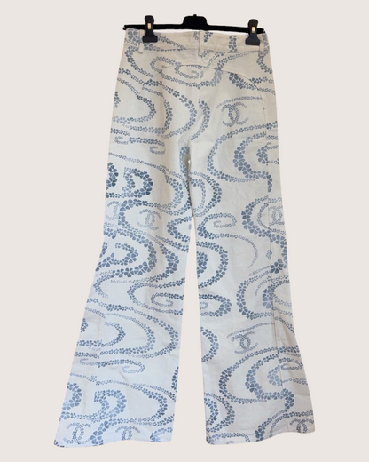 Chanel 25M Coco Beach CC-Print Flare Denim Jeans Beige/Ecru, Blue FR 38