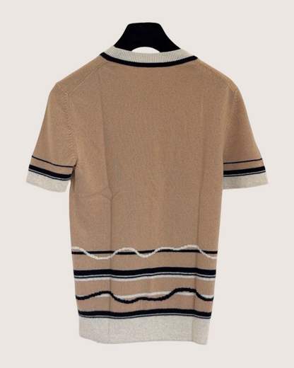Chanel Striped Cashmere Short-Sleeve Sweater Brown, Black, Beige/Ecru FR 34