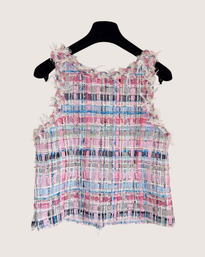 Chanel 25S Fringe-Trim Tweed Vest Pink, Blue, White, Multicolor FR 34