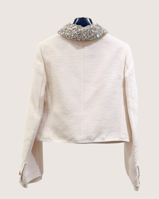 Miu Miu Crystal-Collar Tweed Jacket - White, Silver, view 2