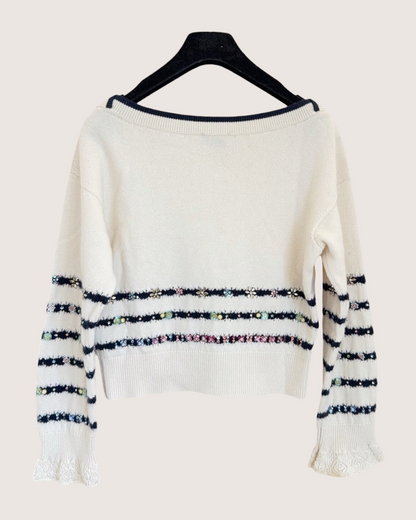 Chanel 23C Cashmere CC Sequin Striped Sweater Beige/Ecru, Black, Multicolor FR 34