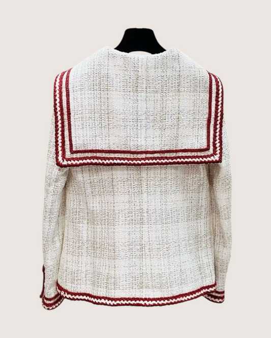 Chanel 18A Tweed Jacket Beige/Ecru, Red, White FR 36