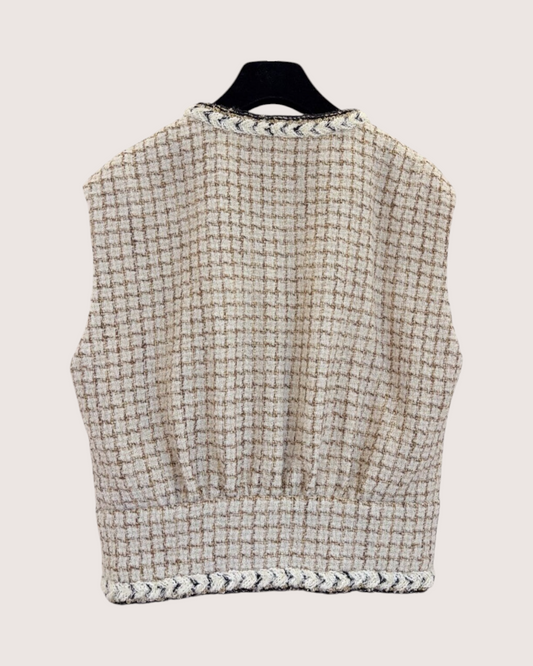 Chanel 25K Braided-Trim Plaid Tweed Vest Beige/Ecru, Brown, Gold FR 34