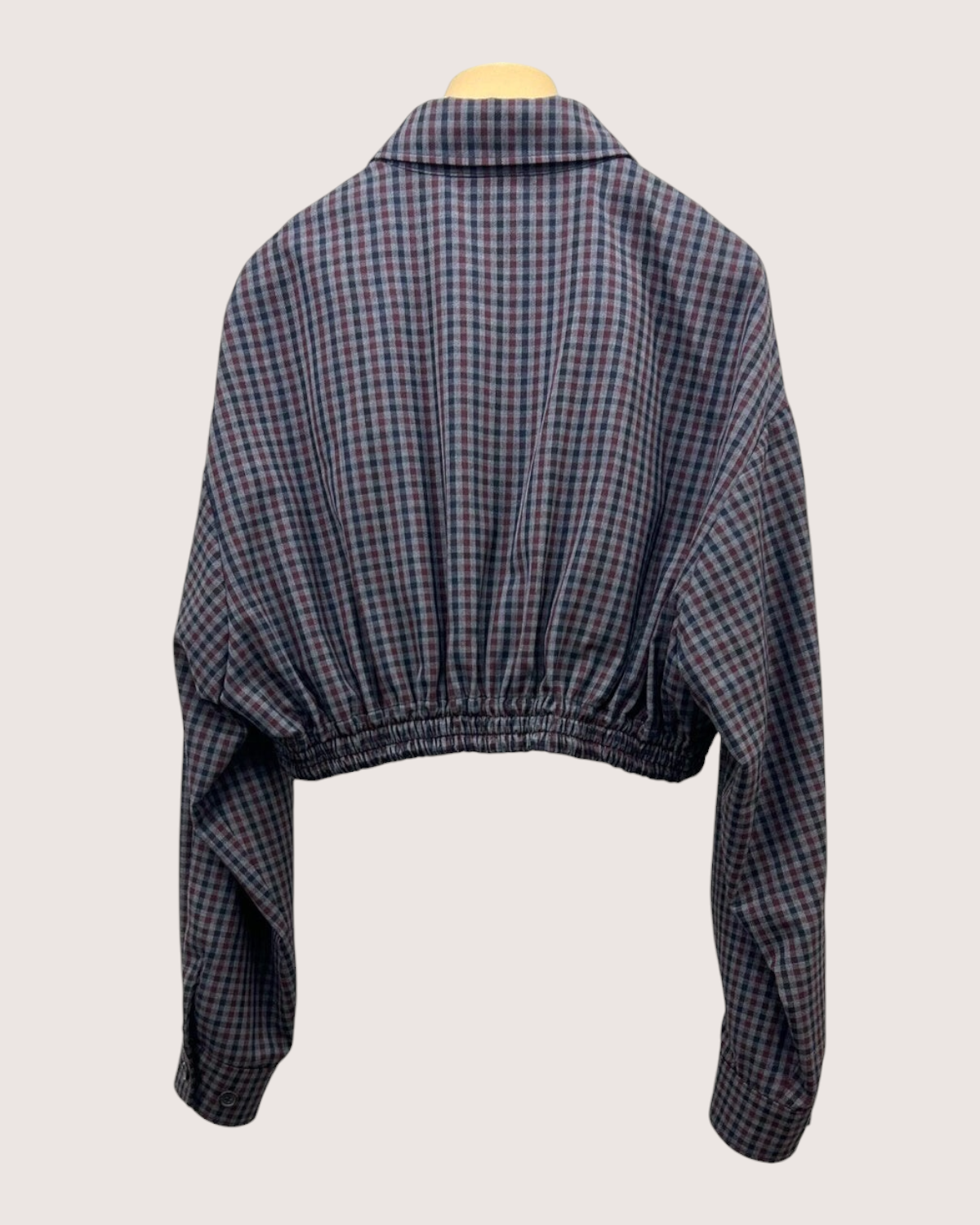 Miu Miu Wool Plaid Cropped Logo Jacket Grey, Navy, Burgundy IT 38