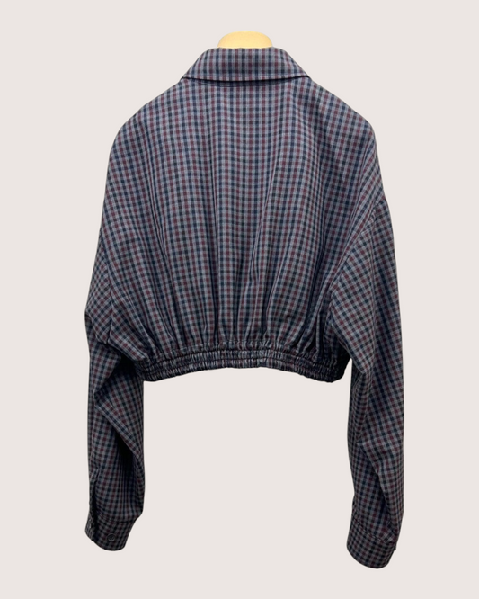 Miu Miu Wool Plaid Cropped Logo Jacket Grey, Navy, Burgundy IT 38