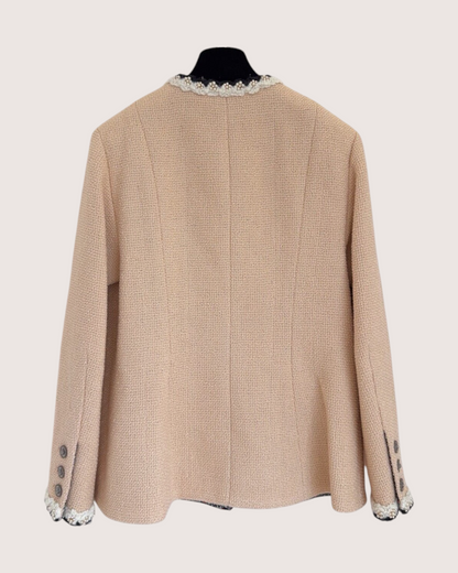 Chanel 24A Pearl-Trim Tweed Four-Pocket Jacket Beige/Ecru, Black, White FR 34