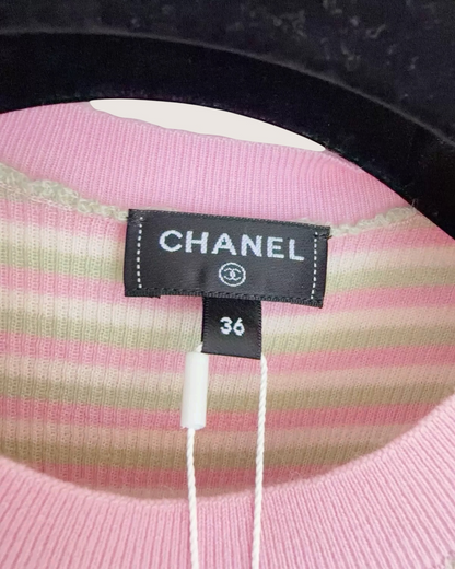 Chanel 25B Striped Cashmere Mini Dress Pink, White, Green FR 36