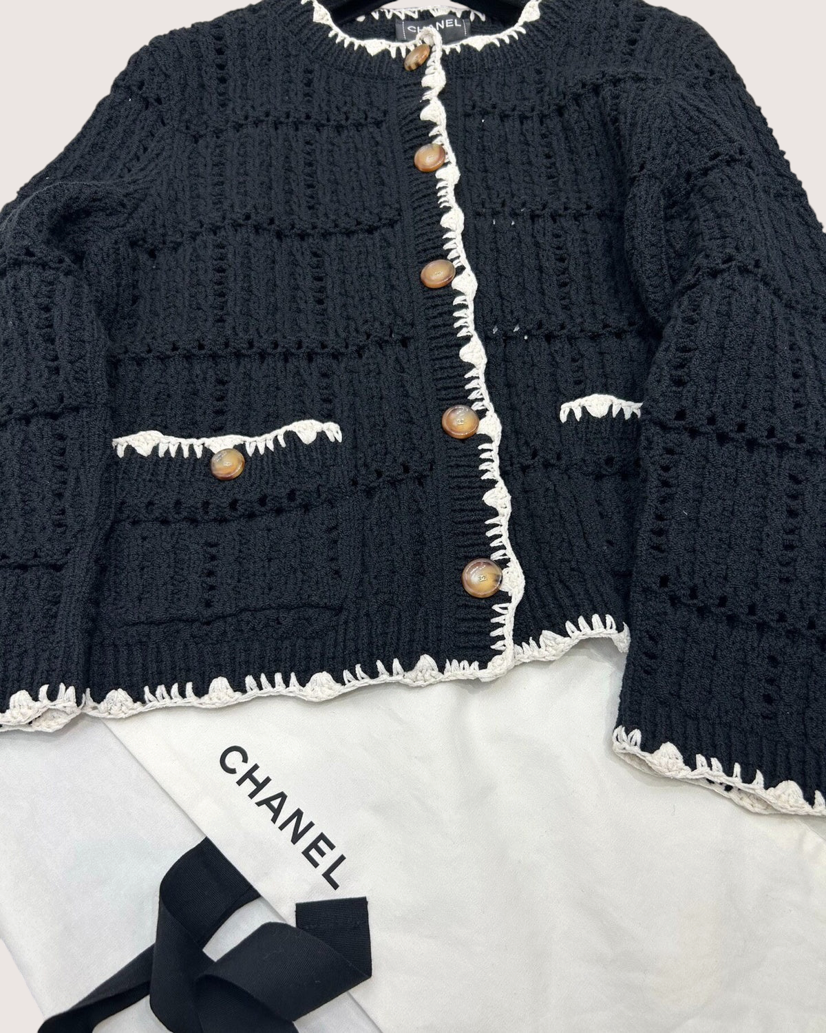 Chanel 26P Openwork Cardigan Black, Beige/Ecru FR 38